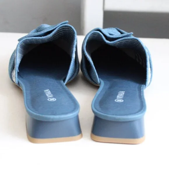 Vivaia Blue Denim White Pointed-Toe Knot Sandals Heel Mules (Yaffa Pro) Size 11 - Picture 5 of 10
